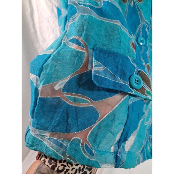 Shacket Shirt Blue Black Burnout Women's Size M L Floral 3/4 Sleeve Semi-sheer - Picture 5 of 12